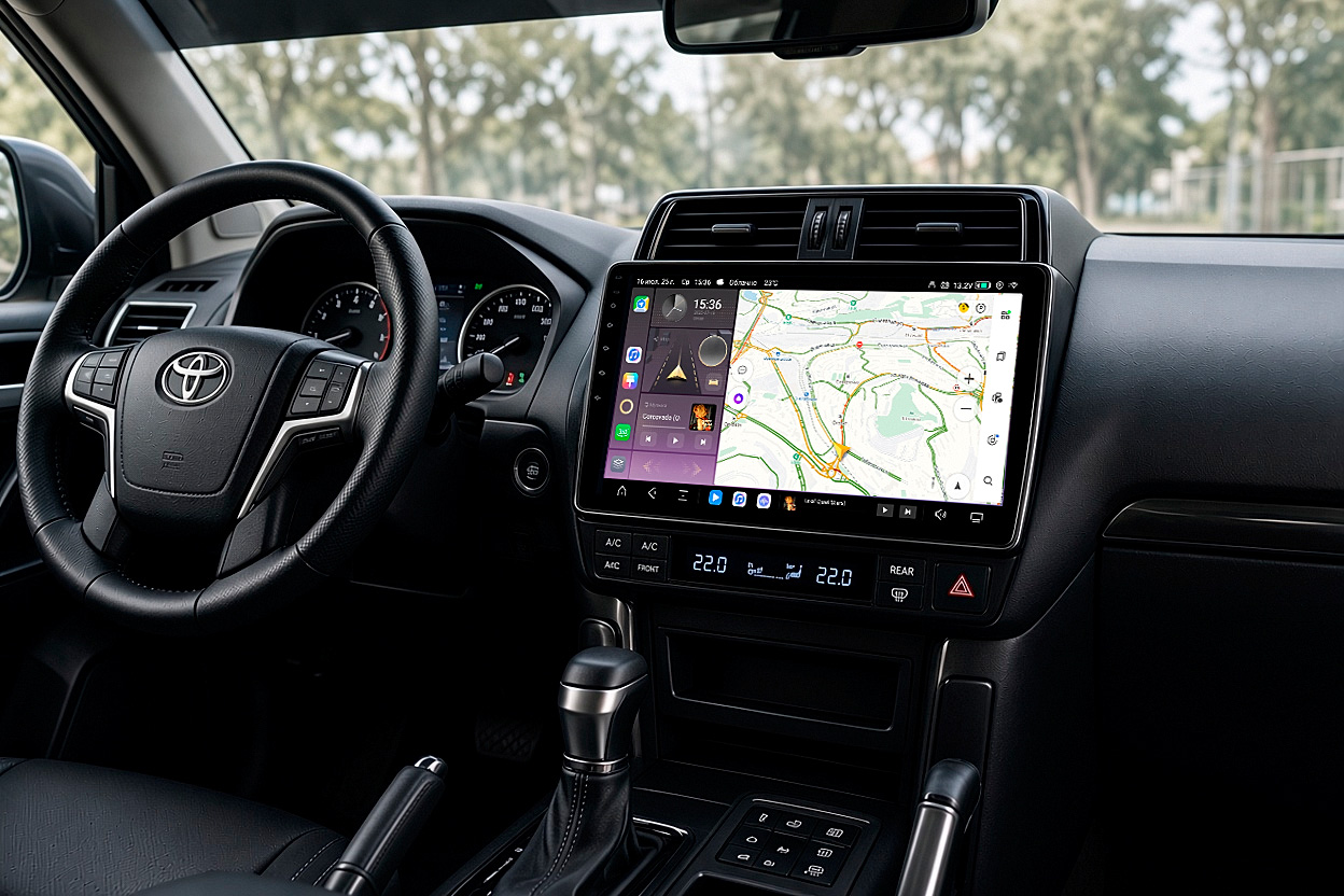 Topway TS20, установленная в салоне автомобиля: экран с навигацией и климат-контроль, штатная панель сохранена